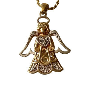 Sterling Silver DIAMOND Etched Gold ANGEL PENDANT Charm Necklace